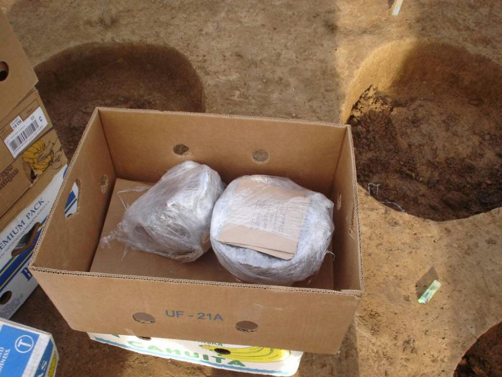 8 základní vybavení archeologa je bedna od banánů na ukládání vyjmutých popelnic