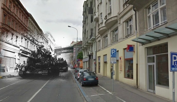 Sovětské tanky na Žižkově, Husitská ulice, Praha