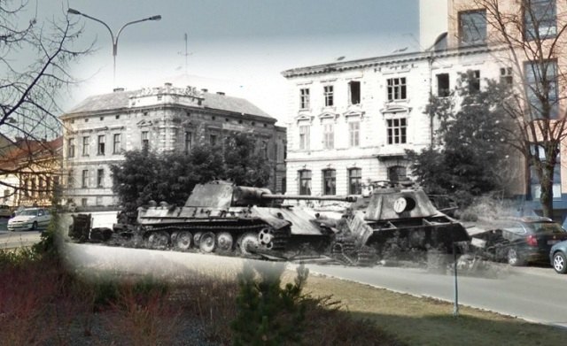 Zničená německá technika - náměstí Armády, Znojmo.