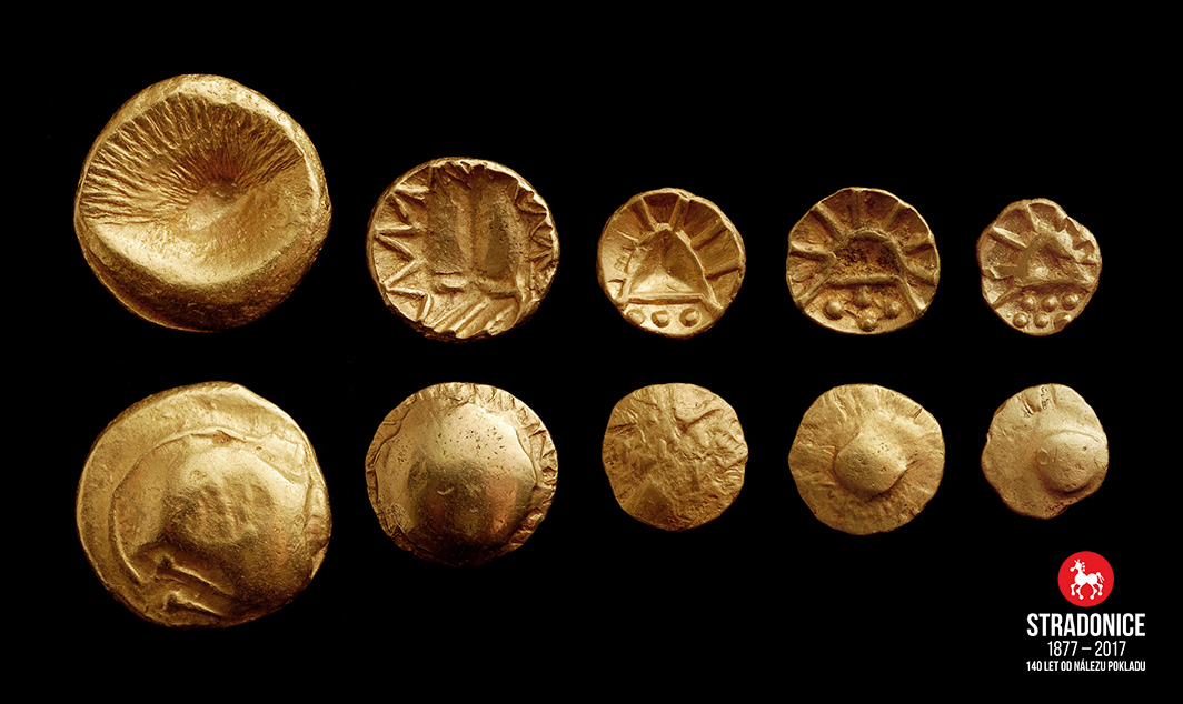 Zlaté keltské mince, statér, třetina a osminy