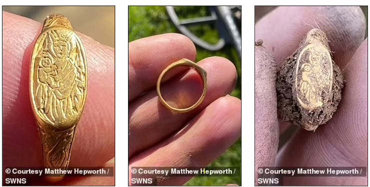 A health brother found a gold ring from the 15th century with an engraving of the Virgin Mary with the baby Jesus